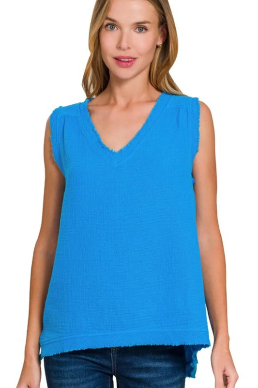 Zenana Double Gauze Raw Edge V-Neck Tank DEEP SKY