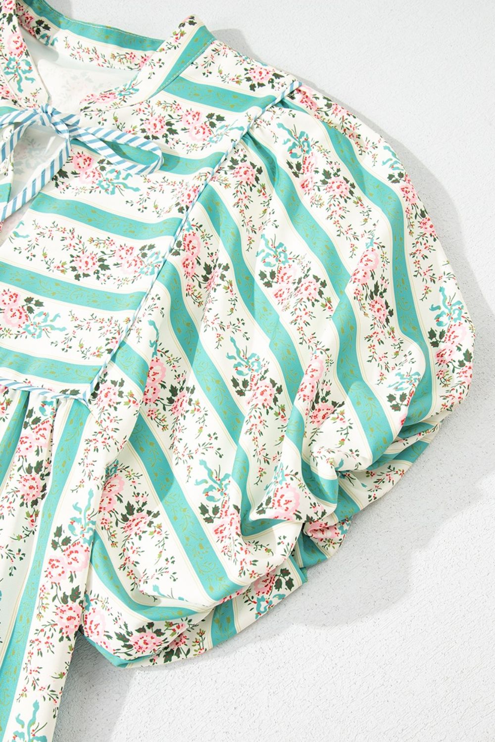 Striped Floral Print Tie Neck Puff Sleeve Midi Dress