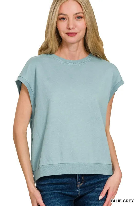 Zenana French Terry Round Neck Cap Sleeve T-Shirt BLUE GREY