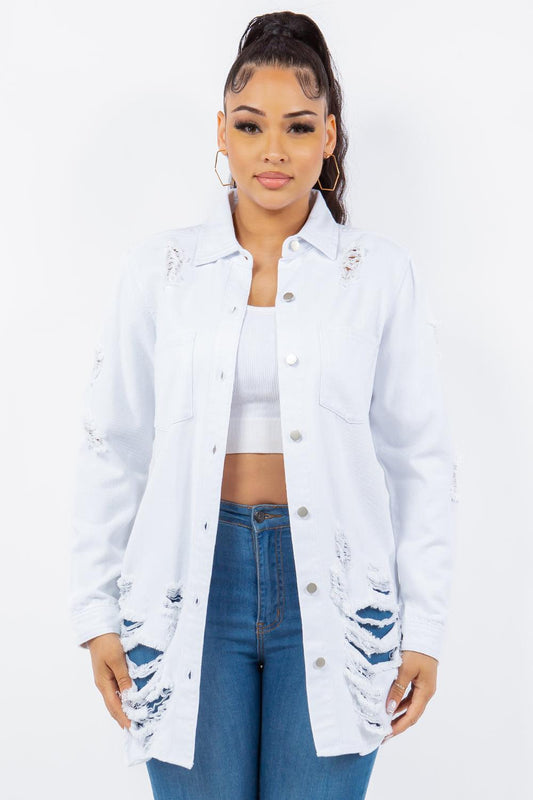 American Bazi Distressed Button Up Long Sleeve Denim Jacket White