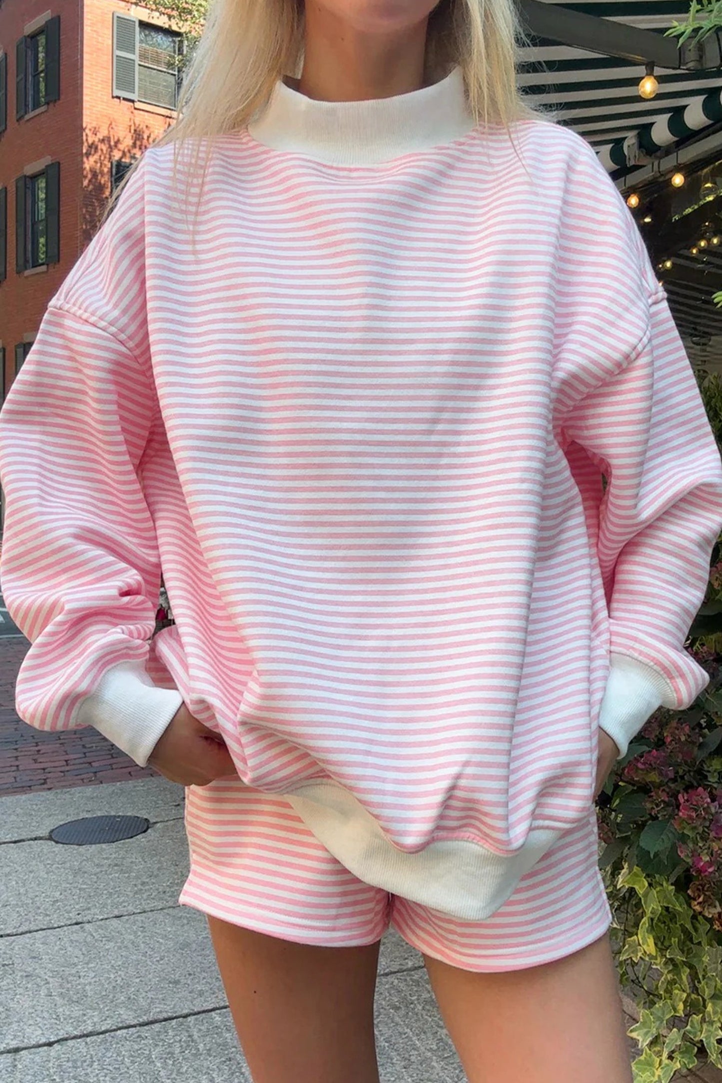 Stripe Oversize Mock Neck Sweatshirt & Shorts Set