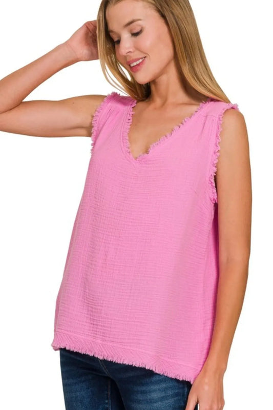 Zenana Double Gauze Raw Edge V-Neck Tank CANDY PINK