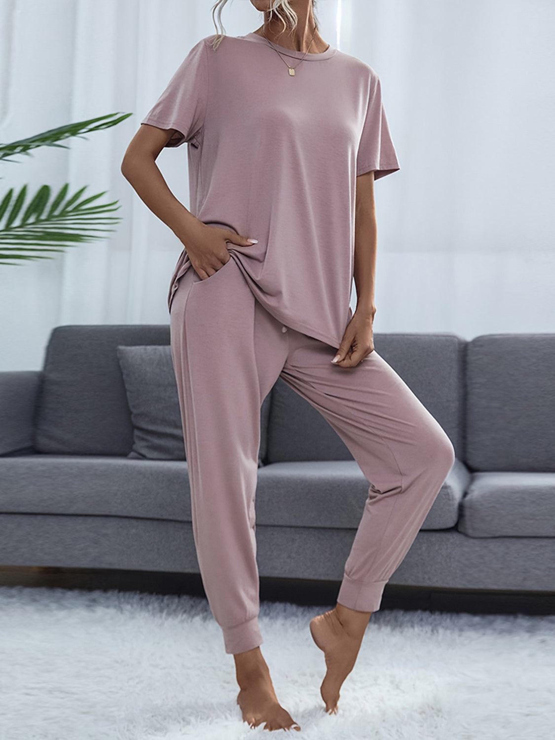 Shiny Round Neck Short Sleeve Top and Pants Set Lilac