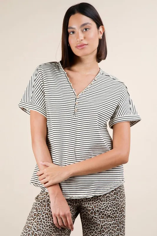 VERY J Striped V-Neck Short Sleeve T-Shirt Black