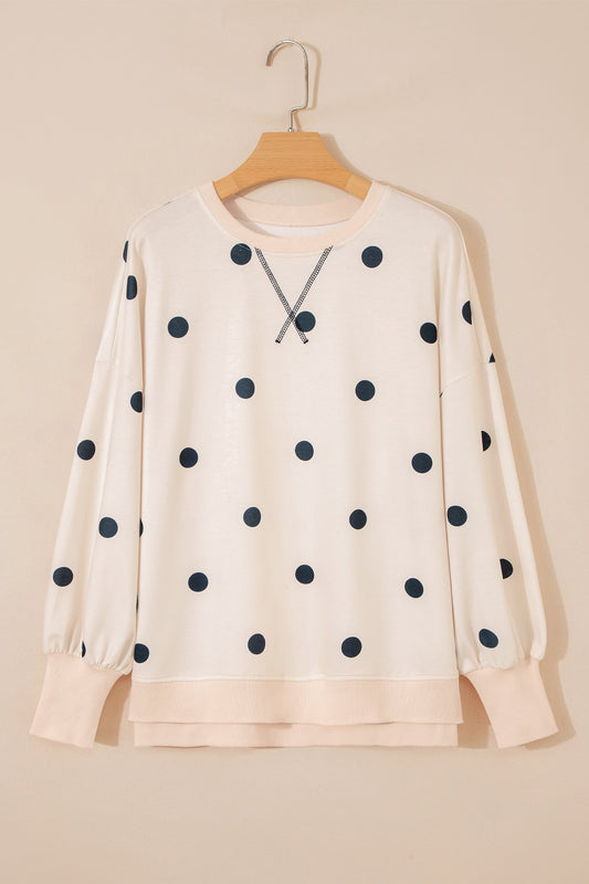 Polka Dot Long Sleeve Split Hem Sweatshirt