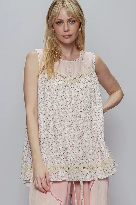 POL Lace Detail Floral Round Neck Sleeveless Top Pink Purple