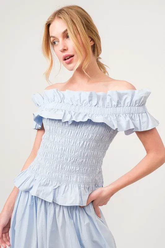 And The Why Ruffled All-Over Smocked Off Shoulder Top