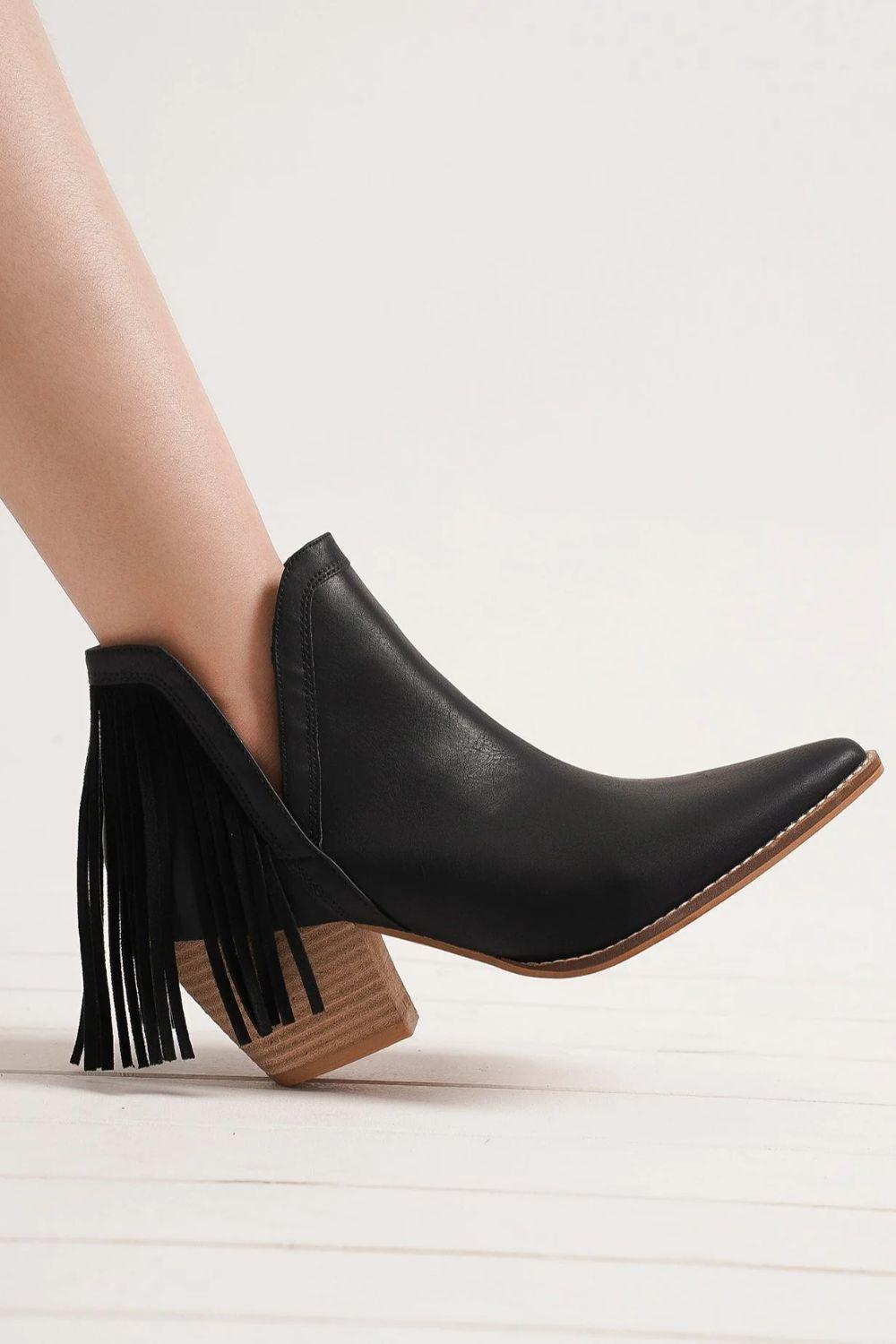 Beast Fashion Fringe Side V-Cut Ankle Booties Black