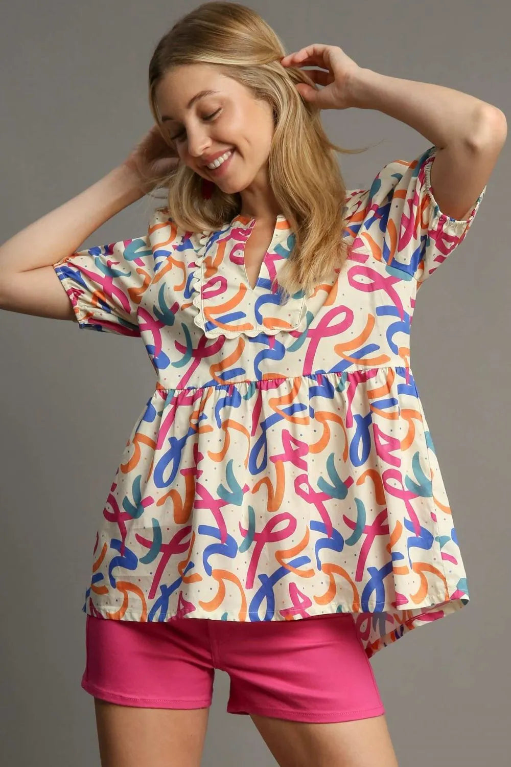 Umgee Full Size Mixed Print Puff Sleeve Babydoll Blouse Plus Size