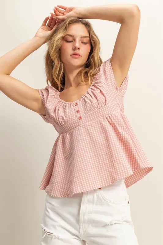 HYFVE Gingham Scoop Neck Cap Sleeve Blouse PINK