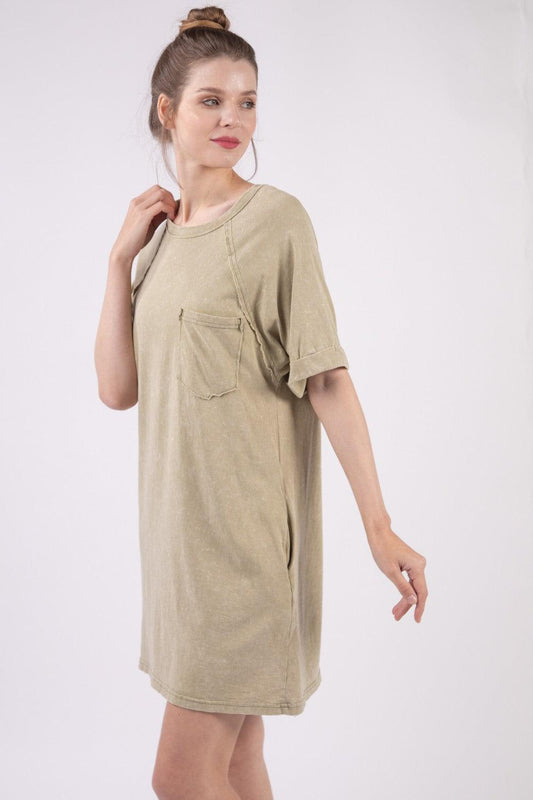 VERY J Washed Round Neck Mini Tee Dress Sage