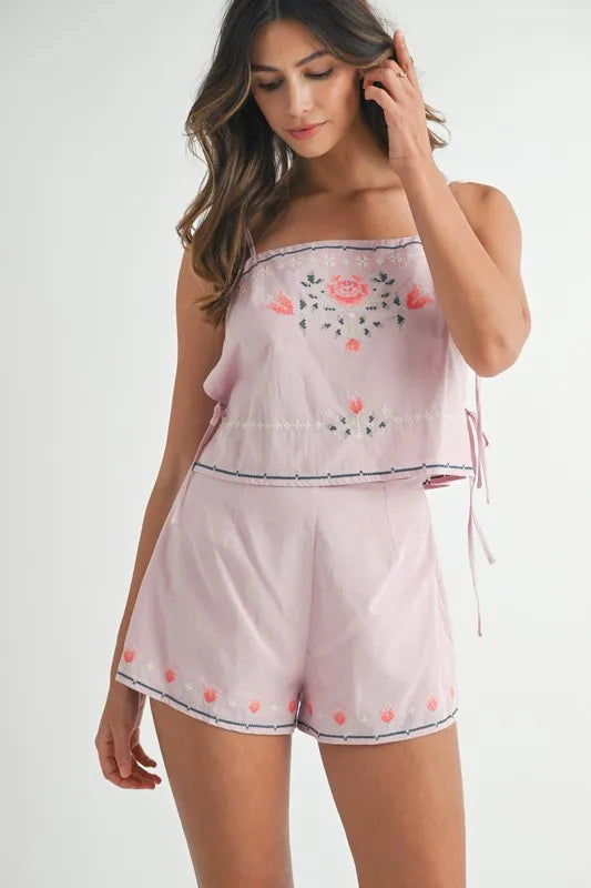 MABLE Embroidered Crop Top and Shorts Set Blush Pink