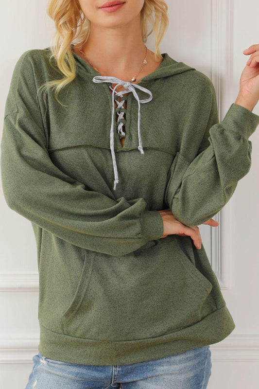 Lace Up Drop Shoulder Long Sleeve Hoodie Army Green
