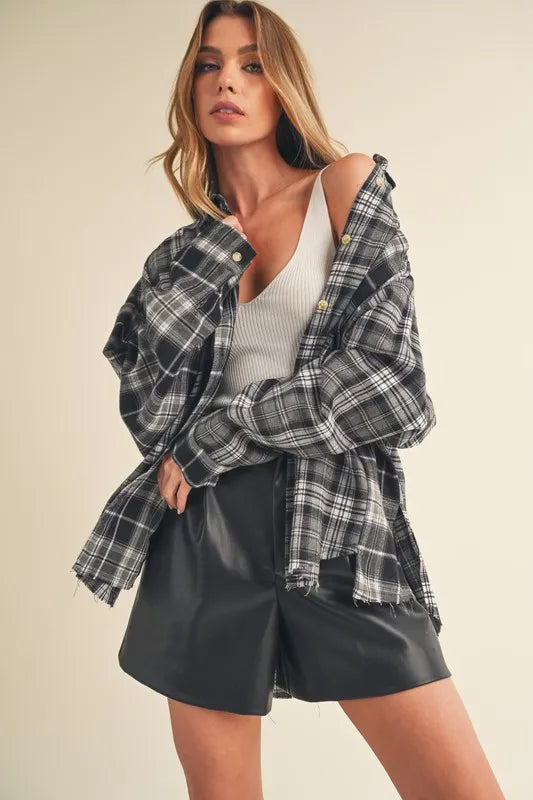 Aemi + Co Frayed Hem Plaid Button Up Flannel Shirt Black