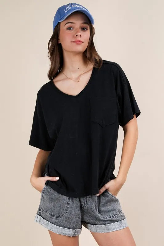 VERY J Mineral Washed V-Neck T-Shirt Black