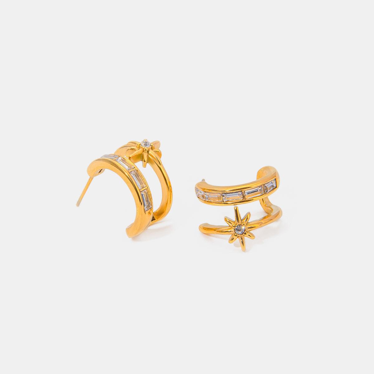 Stainless Steel Zircon Double-Layered Earrings Gold One Size