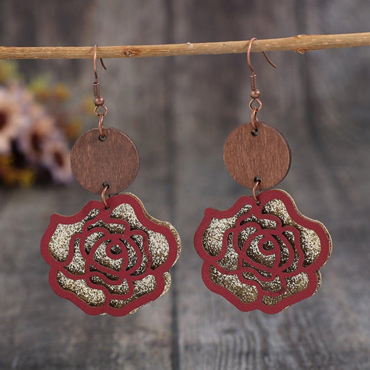 Wooden Alloy Rose Shape Dangle Earrings Style A One Size
