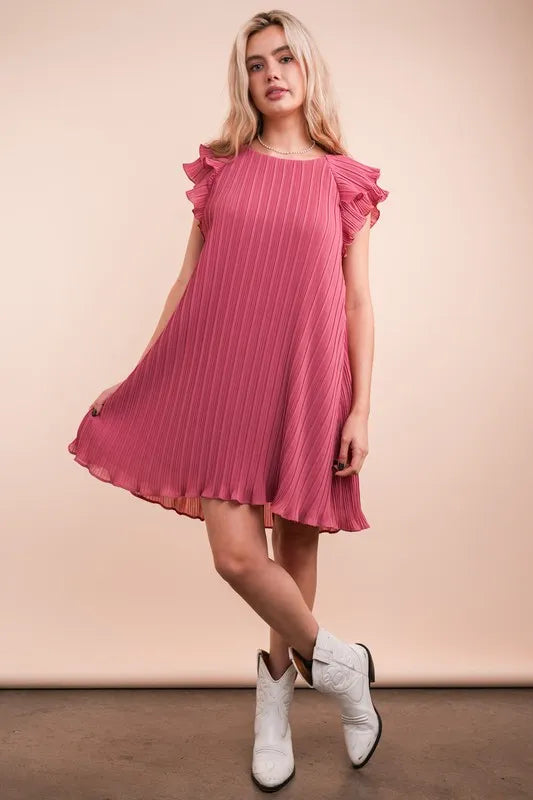 VERY J Plus Size Ruffle Sleeve Pleated Woven Mini Dress Mauve