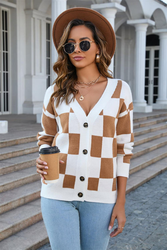 Angel Wings Button-Up V-Neck Dropped Shoulder Cardigan Caramel