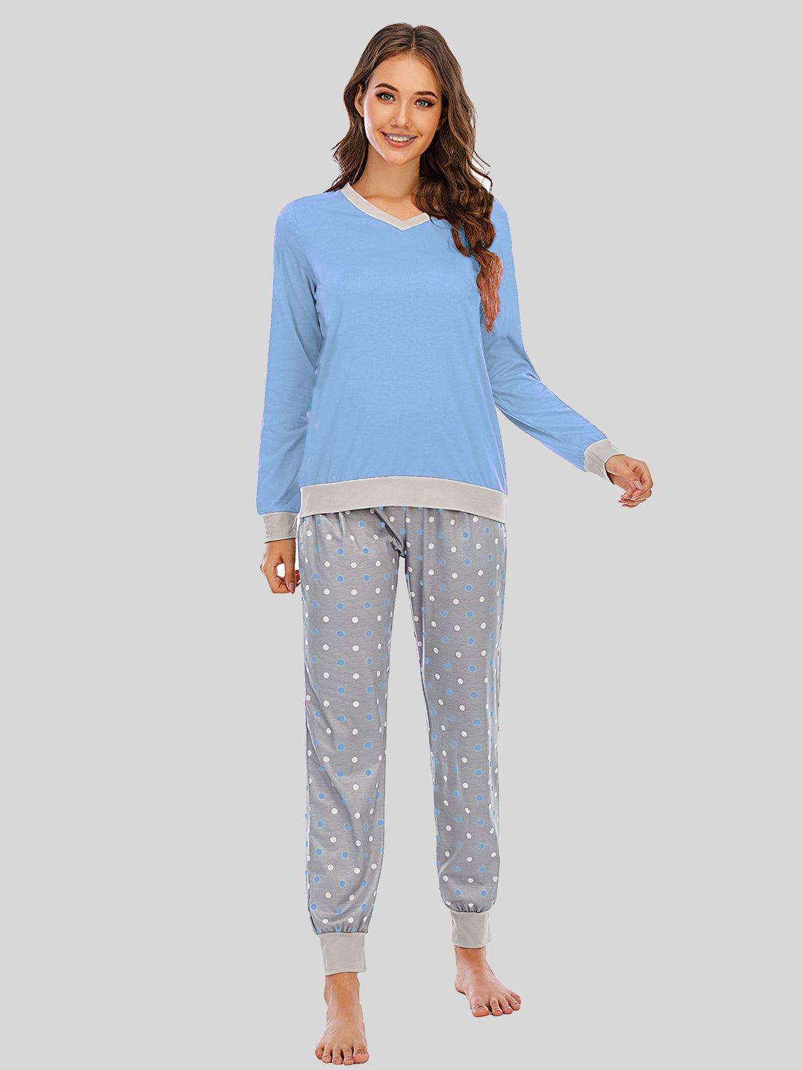 Long Sleeve Top and Polka Dot Pants Set Pastel Blue