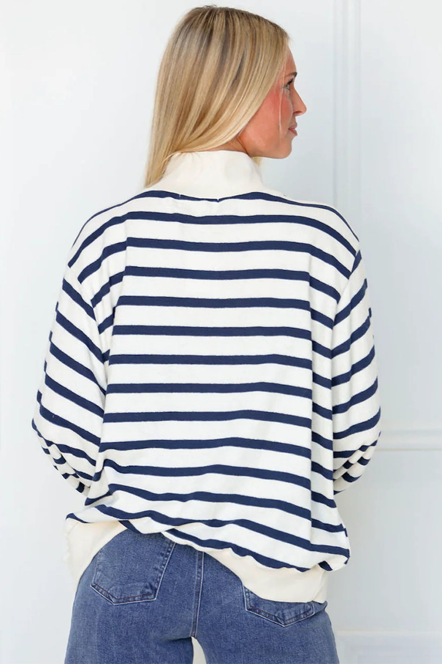 Stripe Ribbed Trim Stand Neck Long Sleeve Sweatshirt