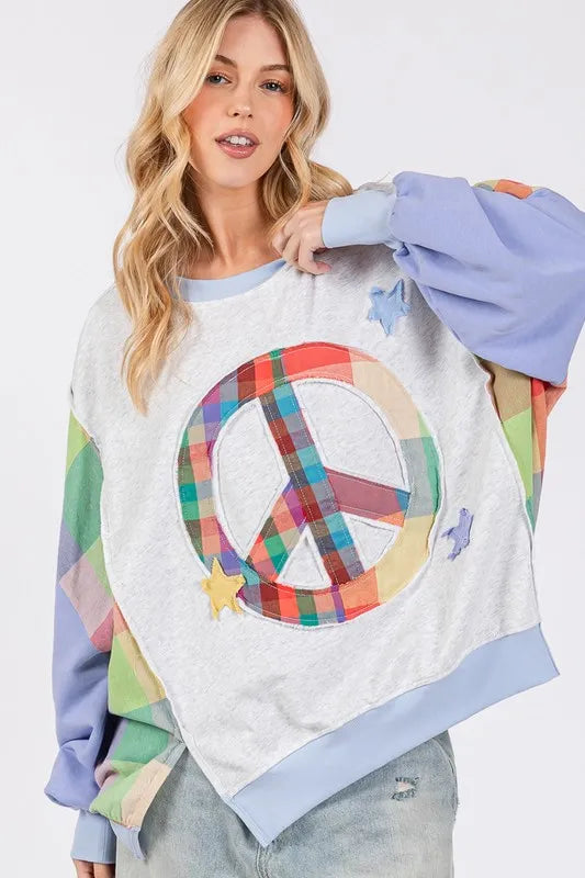 SAGE + FIG Contrast Peace Patch Dropped Shoulder Sweatshirt Blue Purple