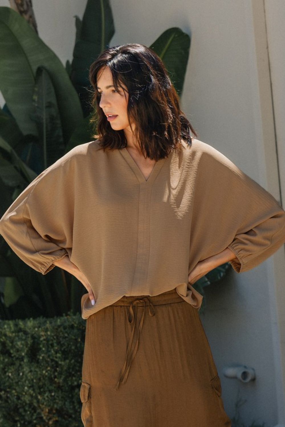 Annie Wear Notched Batwing Sleeve Blouse Camel