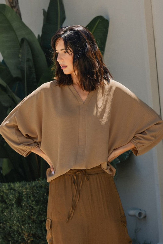 Annie Wear Notched Batwing Sleeve Blouse Camel