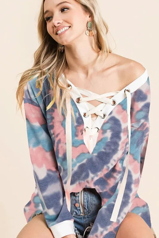 BiBi Tie Dye Deep V-Neck Top with Lace Up Front