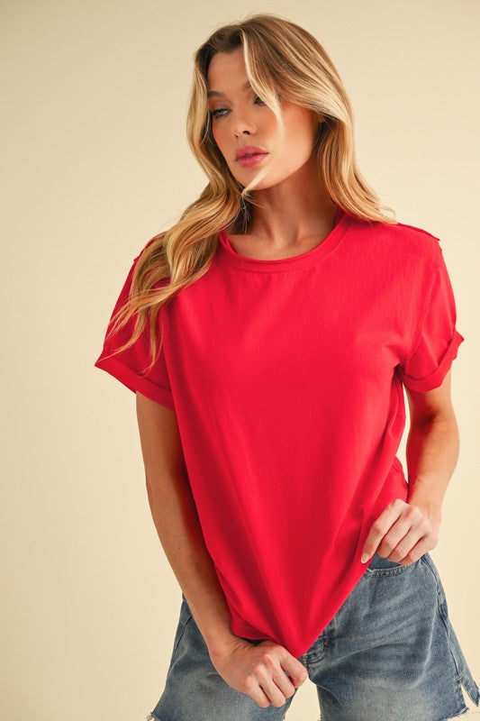 Aemi + Co Exposed Seam Round Neck Short Sleeve T-Shirt Red