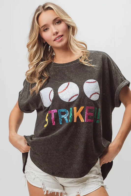 BiBi Sequin Baseballs Strike Washed Short Sleeve Top BLACK CHARCOAL