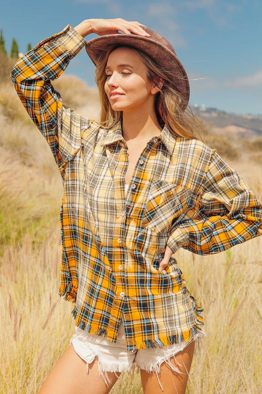 BiBi Vintage Plaid Bleached Raw Hem Shirt VINTAGE MUSTARD