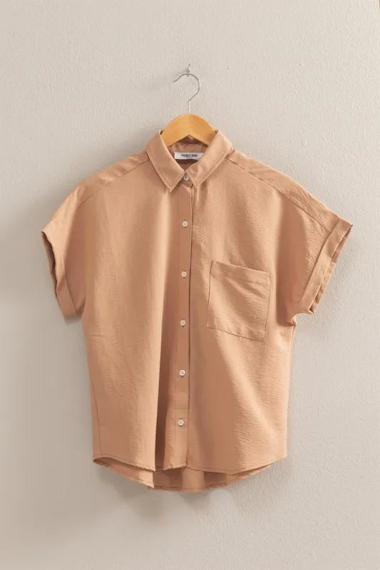 HYFVE Button Down Collared Neck Short Sleeve Shirt DARK TAUPE