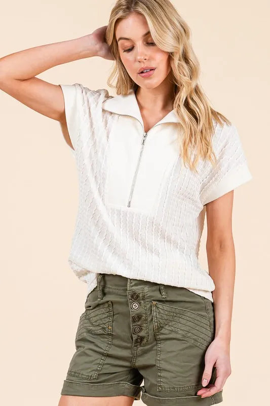 Lime 'N' Chili Textured Half Zip Cap Sleeve Contrast Top