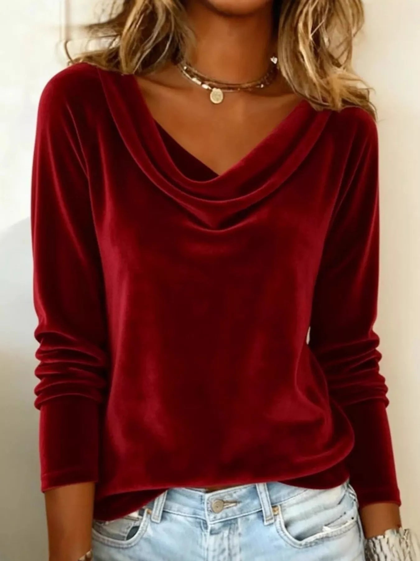 Velvet Cowl Neck Long Sleeve T-Shirt