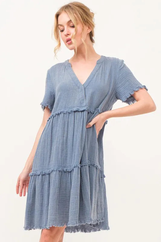 And The Why Washed Frayed Detail Tiered Dress Blue
