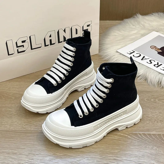 Lace Up Canvas Platform Sneakers Black