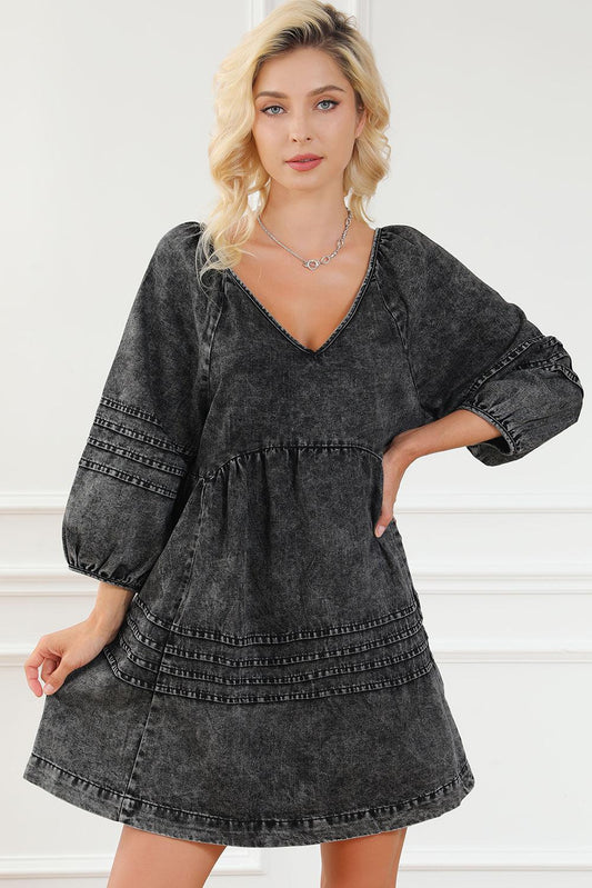 V-Neck Tie Back Mini Denim Dress Black