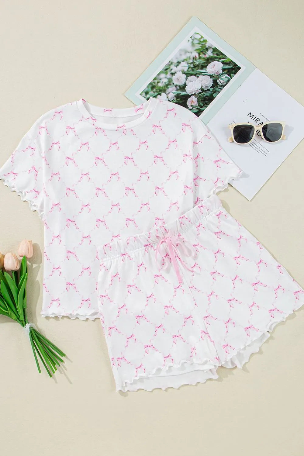 Bow Print Lettuce Trim Round Neck Top and Shorts Lounge Set
