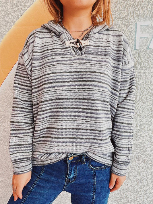 Striped Long Sleeve Hooded Sweater Dark Gray One Size