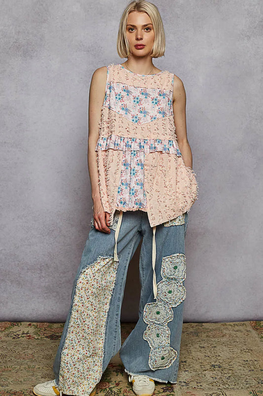 POL Floral Textured Round Neck Sleeveless Top