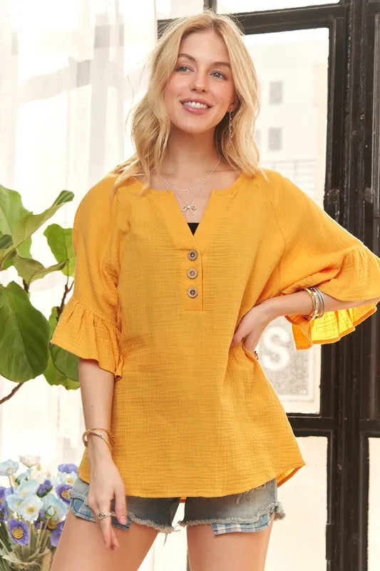 ADORA Ruffle Sleeve Crinkle Top ORANGE