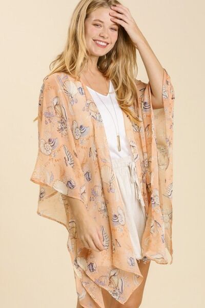Umgee Full Size Sheer Mixed Print Kimono with Side Slit Plus Size PEACH MIX