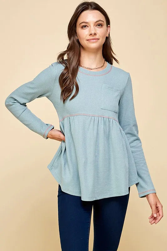 Lime 'N' Chili Waffle Knit Babydoll Top with Left Pocket Detail SEA BLUE