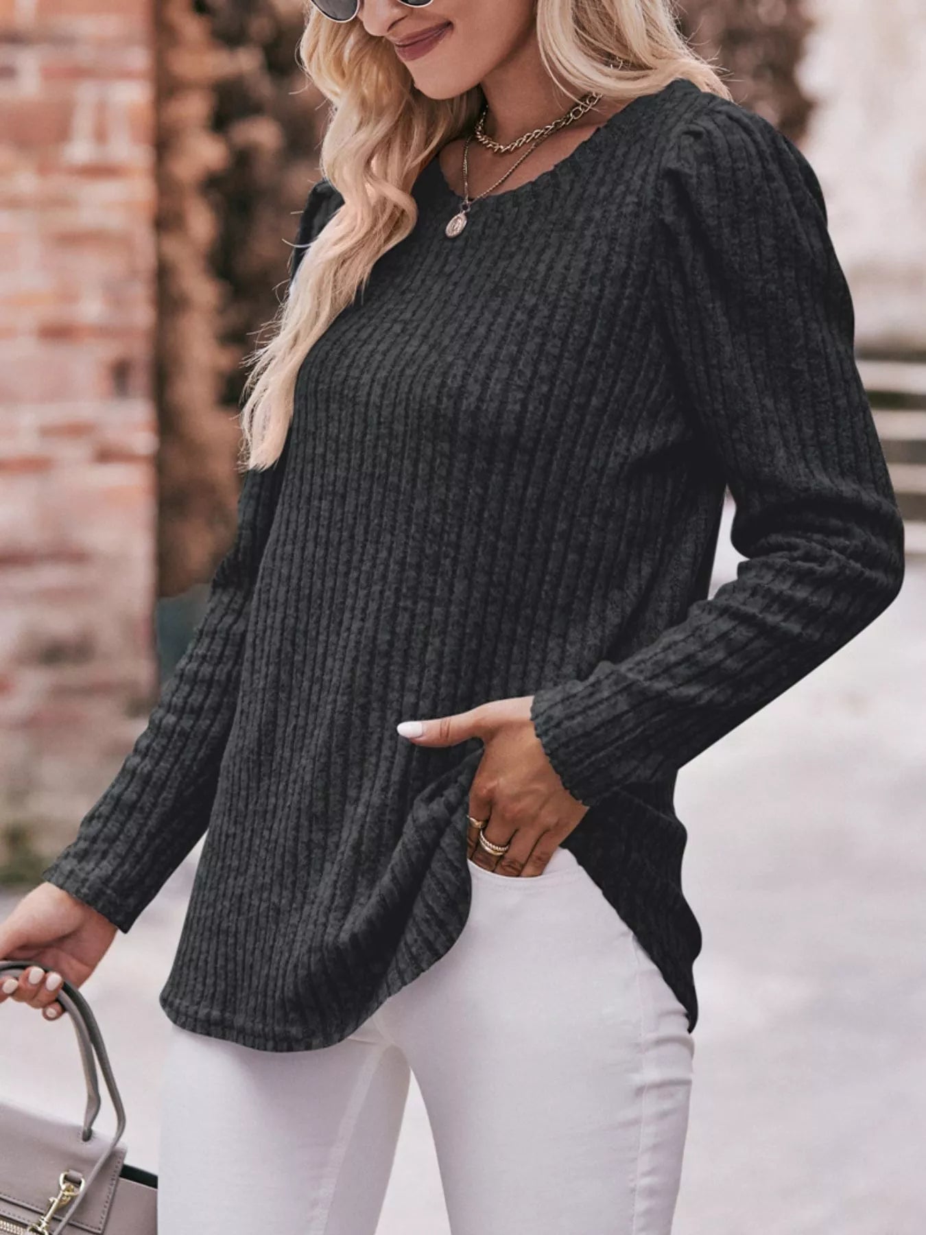 Ribbed Knit Puff Sleeve T-Shirt