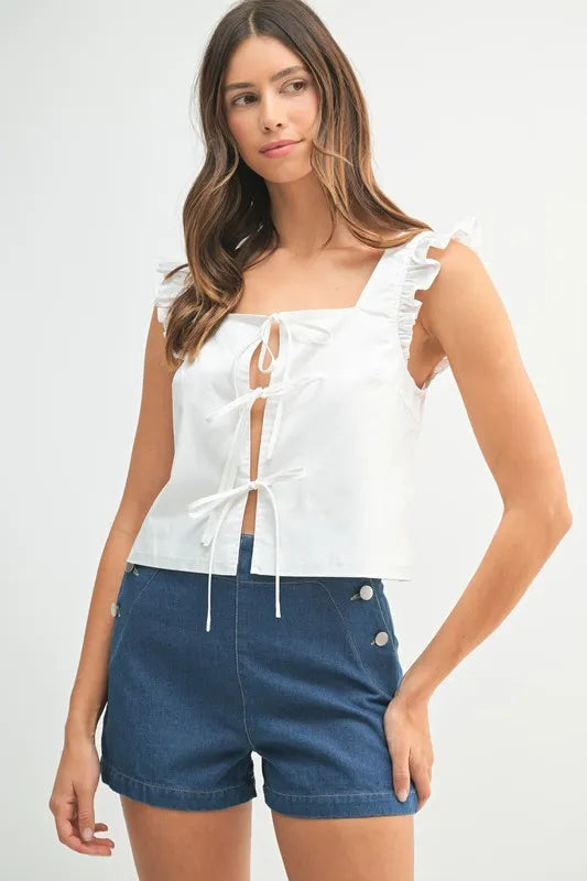 MABLE Poplin Ruffle Strap Front Self Tie Top Off White