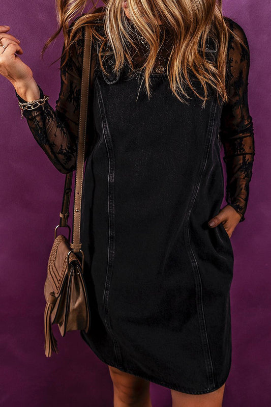 Sleeveless Denim Dress with Pockets Black