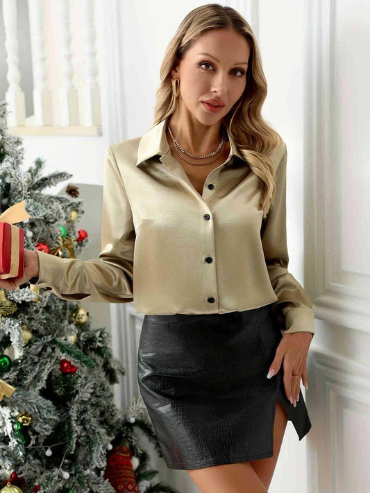 Collared Neck Button Down Long Sleeve Shirt Gold