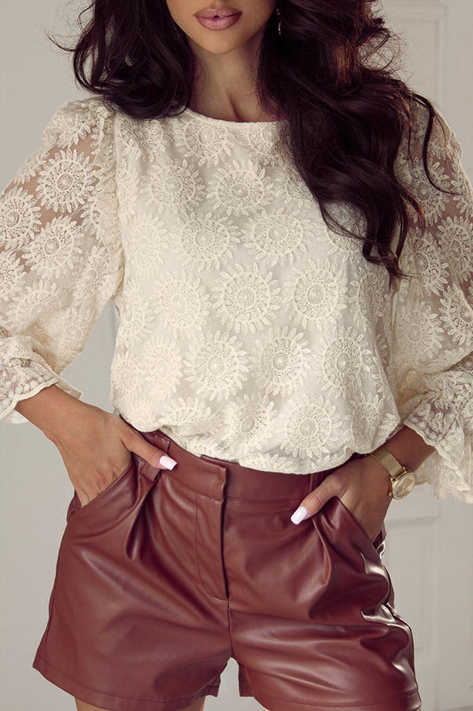 Flower Jacquard Flounce Sleeve Blouse Beige
