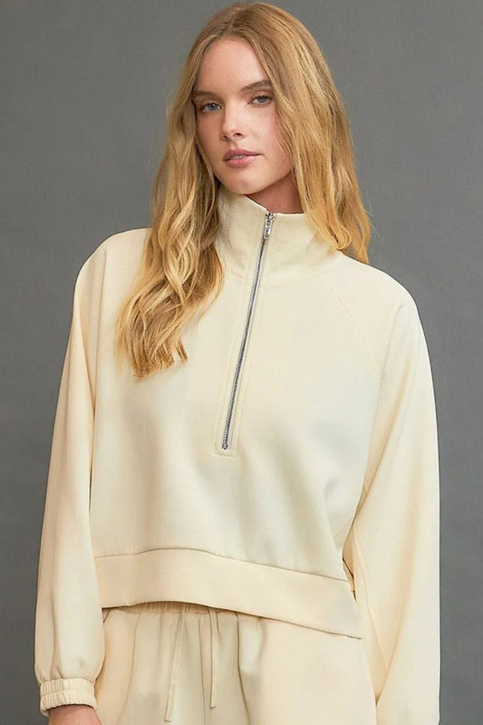 Umgee Full Size Half Zip Cropped Sweatshirt Plus Size Pastel Yellow